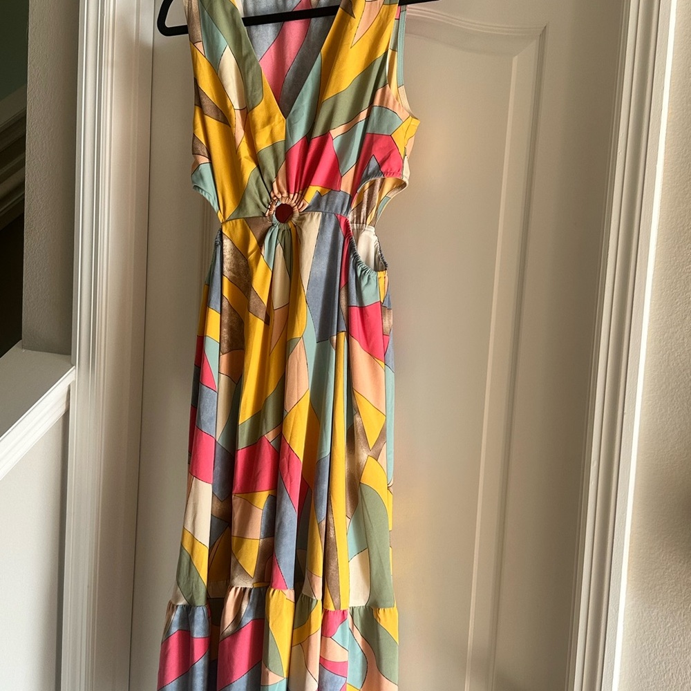 Yellow and Pink Sleeveless V-neck Maxi Sundress
